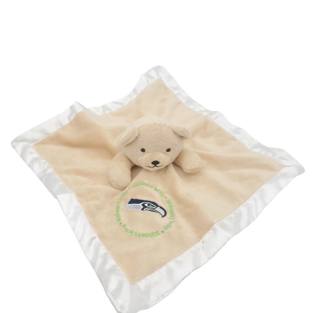 Baby Fanatic-Seattle Seahawks-Tan Bear‎ Soft Blanket Security Lovey 13”X 13” EUC